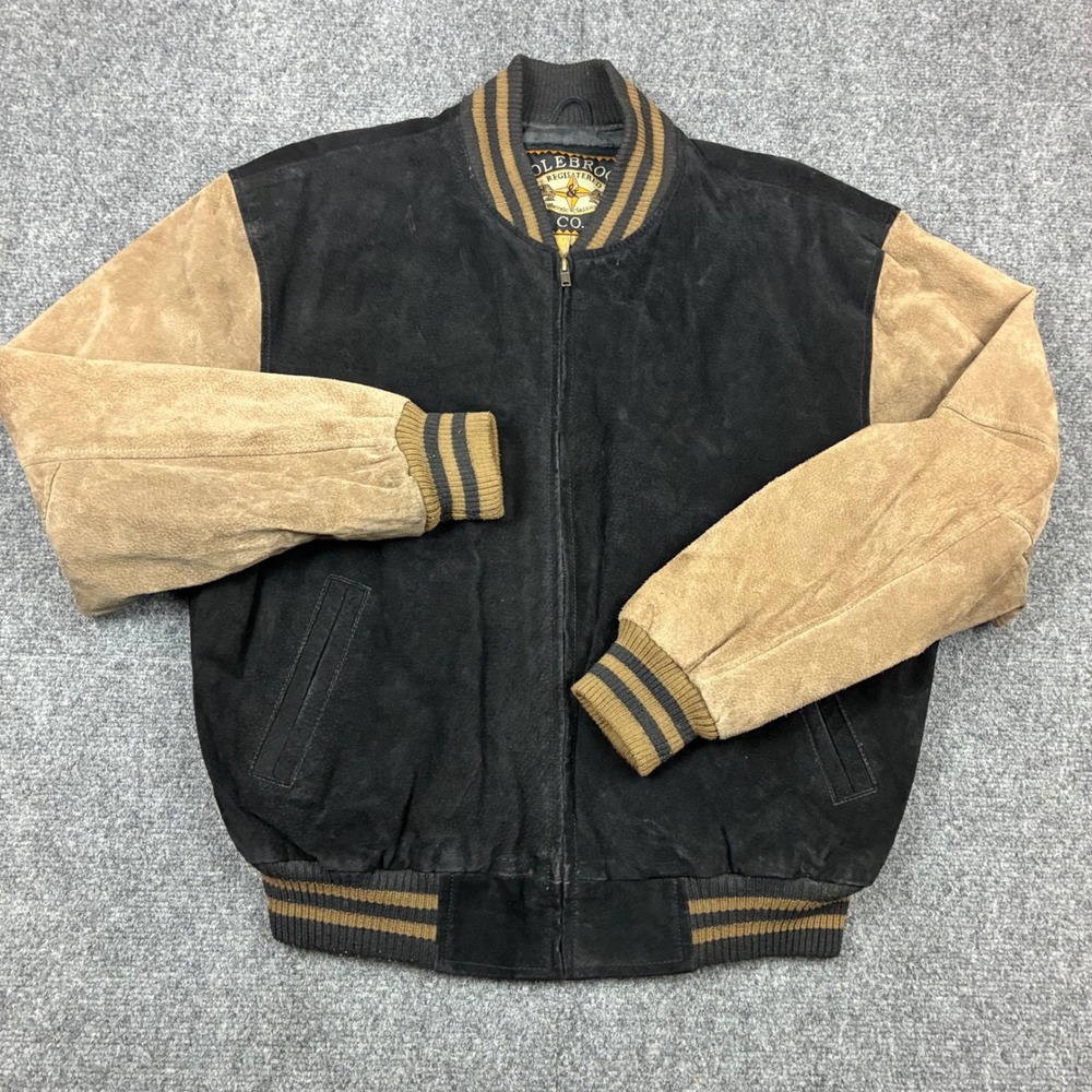 Colebrook Co Suede Leather Varsity Jacket Mens Medium Black Tan Bomber Zip Up